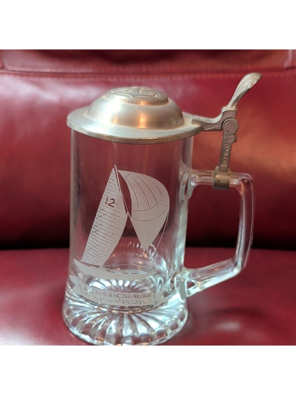 Sailboat Etched Glass Beer Stein with Pewter Lid 12 Meter Racing Sloop